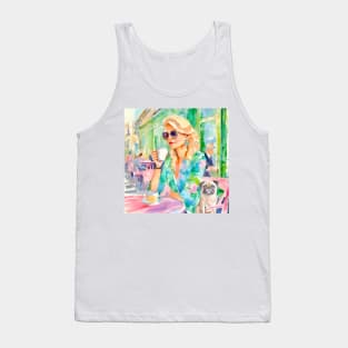 Girl and her pug in a Parisian cafe, watercolor painting Tank Top